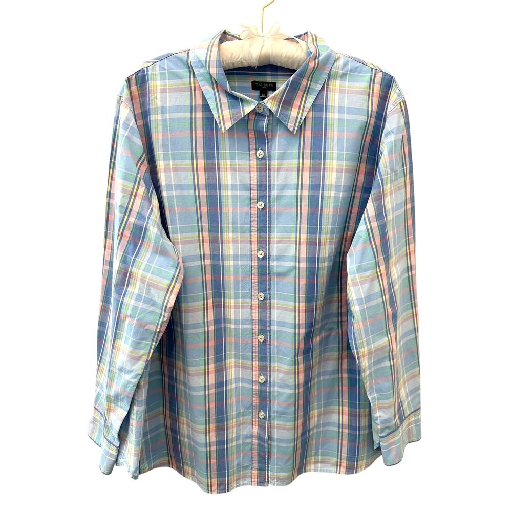 TALBOTS Plus Size Pastel Plaid Button Down Shirt Cotton Long Sleeve Classic | 2X
